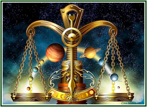 Uma balança dourada ornamental representando o signo de Libra, com pequenos planetas alinhados nos pratos sob um fundo espacial de estrelas e galáxias.