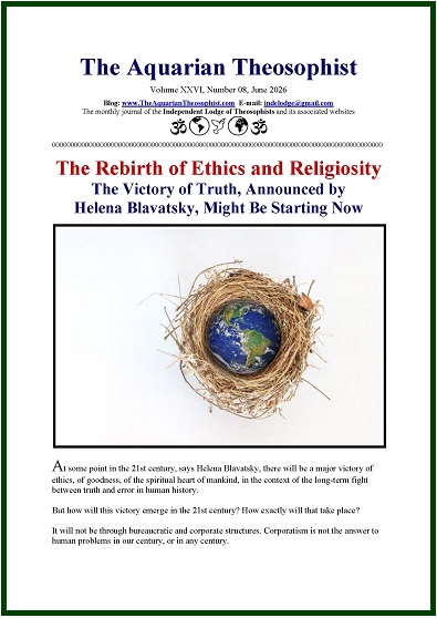 The front cover of The Aquarian Theosophist dated June 2026 showing a photographic image of planet Earth resting inside a bird nest made of dry twigs against a white background, enclosed within a black rectangular border.