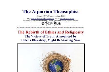 The front cover of The Aquarian Theosophist dated June 2026 showing a photographic image of planet Earth resting inside a bird nest made of dry twigs against a white background, enclosed within a black rectangular border.