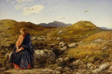 Uma reprodução digital da pintura de William Dyce retratando Jesus Cristo sentado sobre pedras num cenário montanhoso e árido sob um céu nublado.