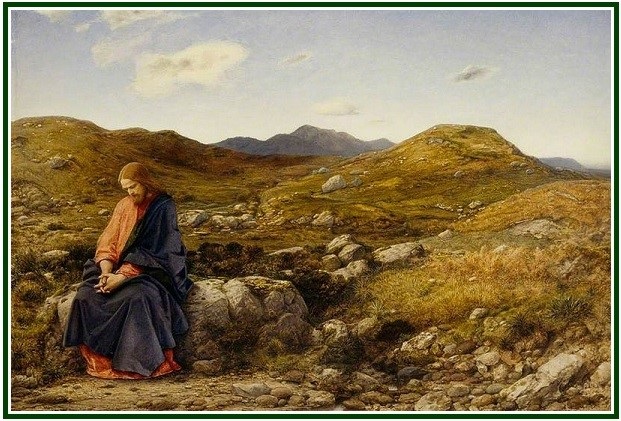 Uma reprodução digital da pintura de William Dyce retratando Jesus Cristo sentado sobre pedras num cenário montanhoso e árido sob um céu nublado.