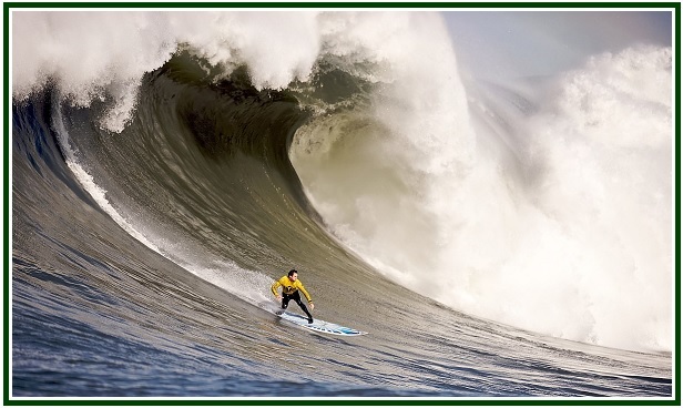 Surfer balancing on a giant ocean wave illustrating the strategic science of opportunities in a fluid environment.