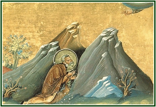 Pintura medieval de un santo ermitaño arrodillado en una cueva rocosa, ilustrando la lucha contra el espíritu del error.