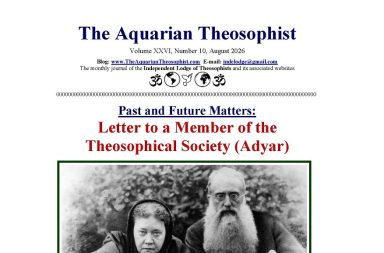 Issue cover of the Aquarian Theosophist journal containing the letter to a member of the Adyar society and an archive photo.