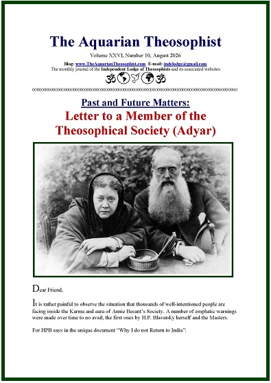 Issue cover of the Aquarian Theosophist journal containing the letter to a member of the Adyar society and an archive photo.