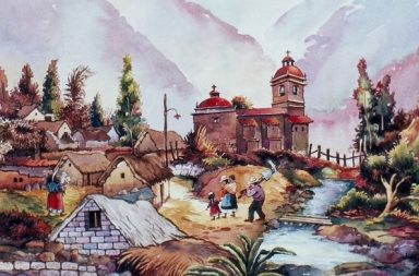 Pintura en acuarela de un pueblo rural peruano con casas sencillas, ilustrando el camino hacia la cultura espiritual.