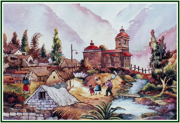 Pintura en acuarela de un pueblo rural peruano con casas sencillas, ilustrando el camino hacia la cultura espiritual.